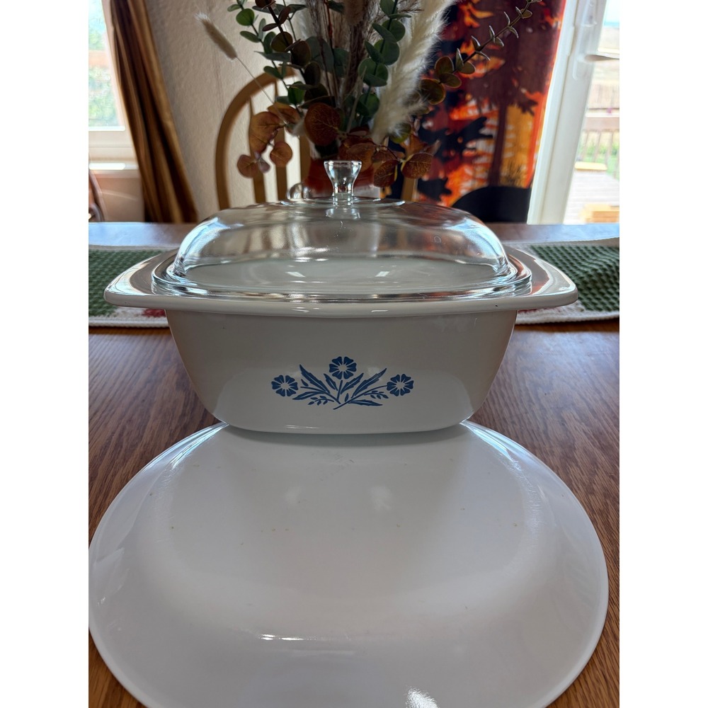Corning Ware Cornflower Blue Dutch Oven with Lid Vintage White Square